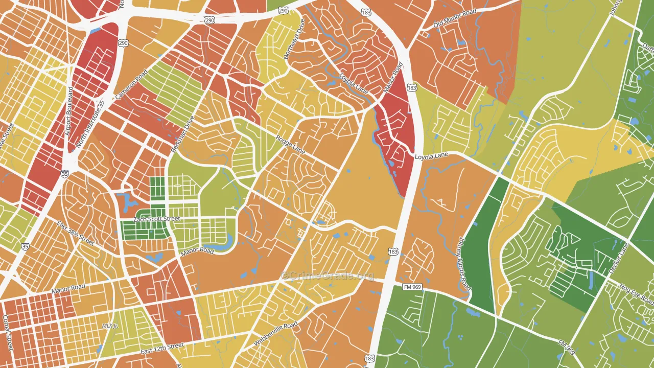 Pecan Springs Springdale, Austin, TX Map of Burglary Rates