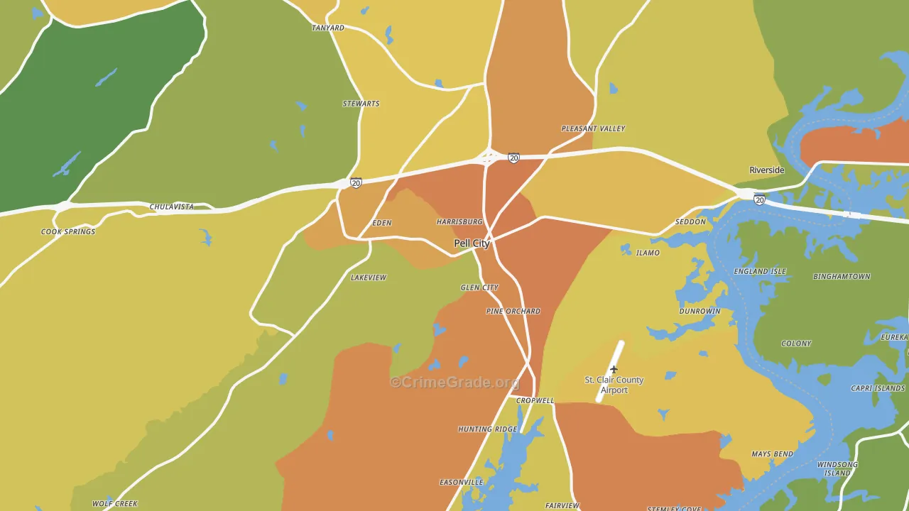 Pell City, AL Map of Burglary Rates