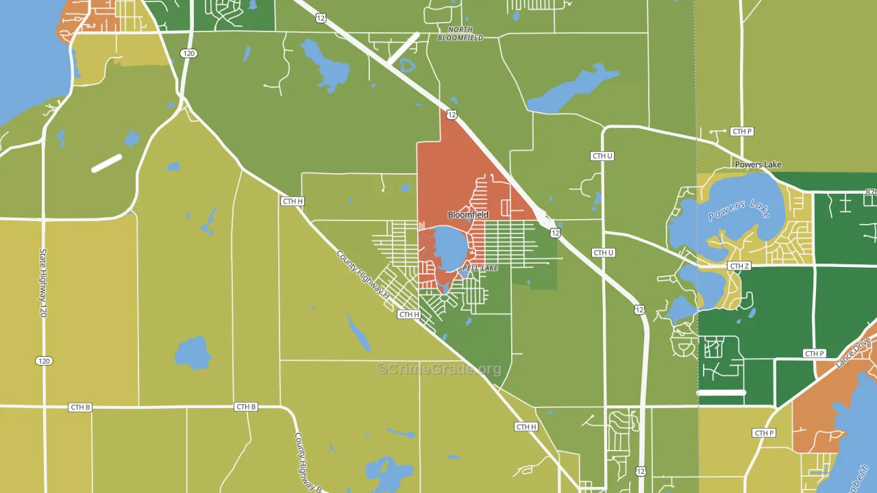 Pell Lake, WI Map of Burglary Rates