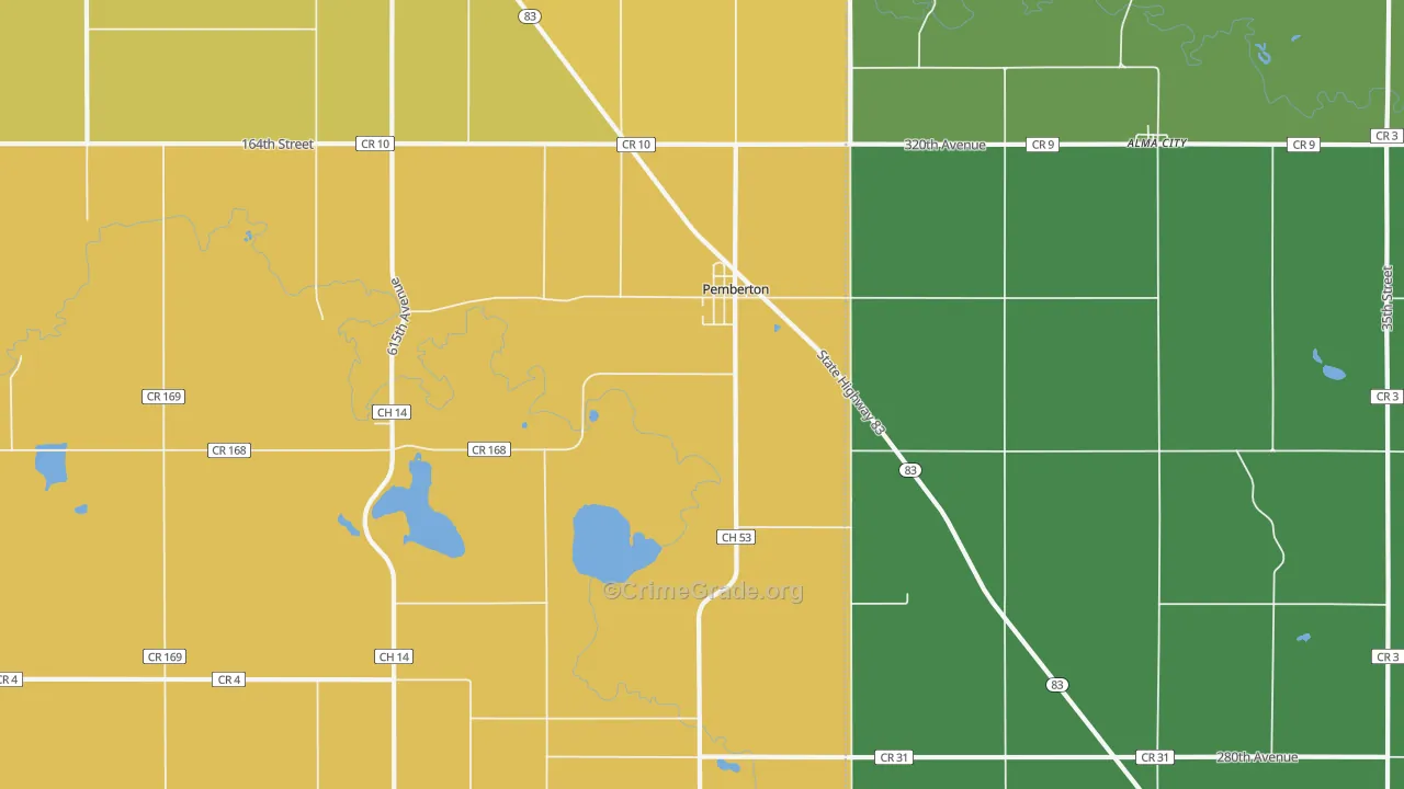 Pemberton, MN Map of Burglary Rates