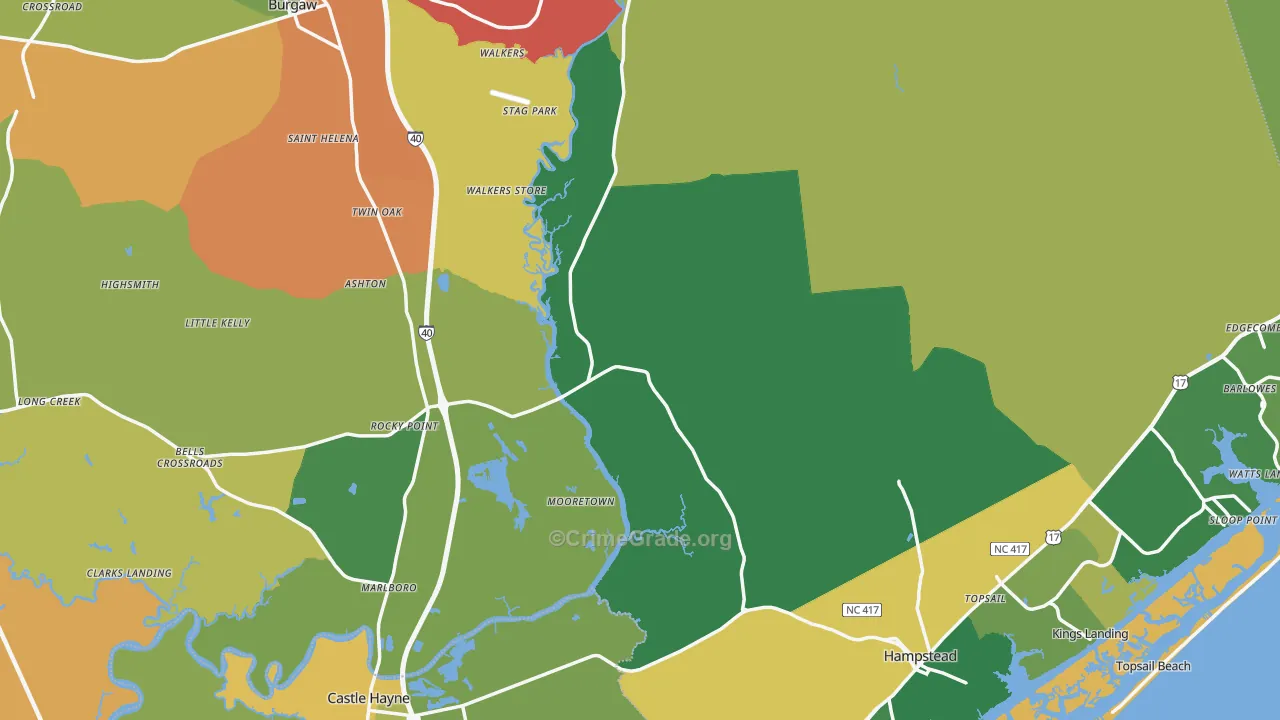 Pender County, NC Map of Burglary Rates