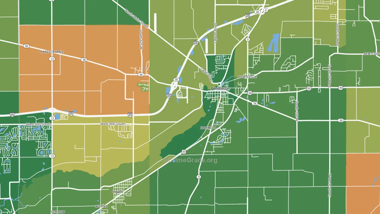 Pendleton, IN Map of Burglary Rates