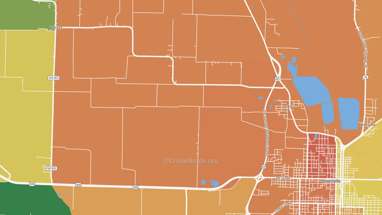 Peniel, TX Map of Burglary Rates