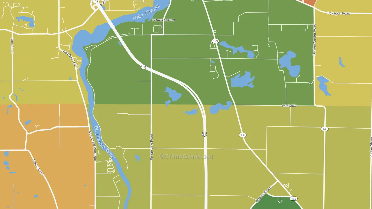 Pennellwood, MI Map of Burglary Rates