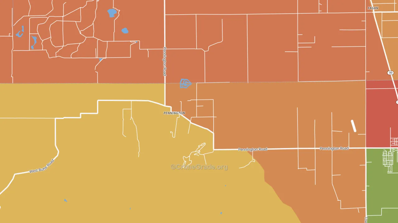 Pennington, CA Map of Burglary Rates