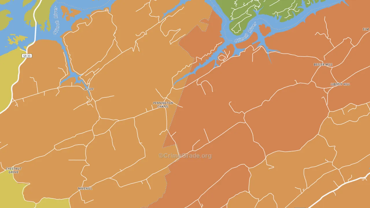 Pennington Chapel, TN Map of Burglary Rates