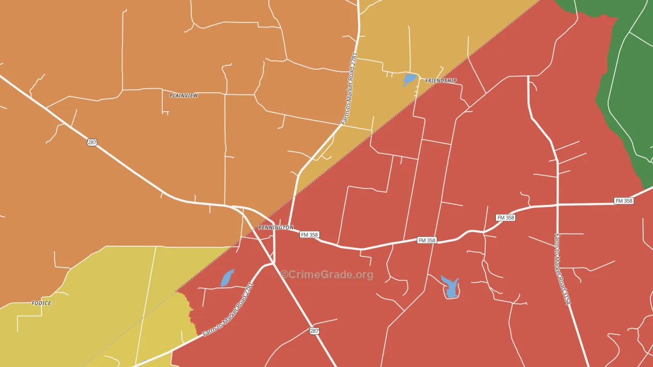 Pennington, TX Map of Burglary Rates