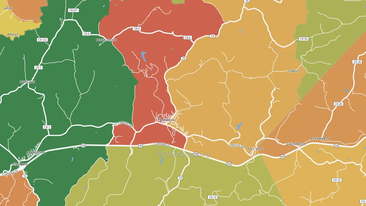 Pennsboro, WV Map of Burglary Rates