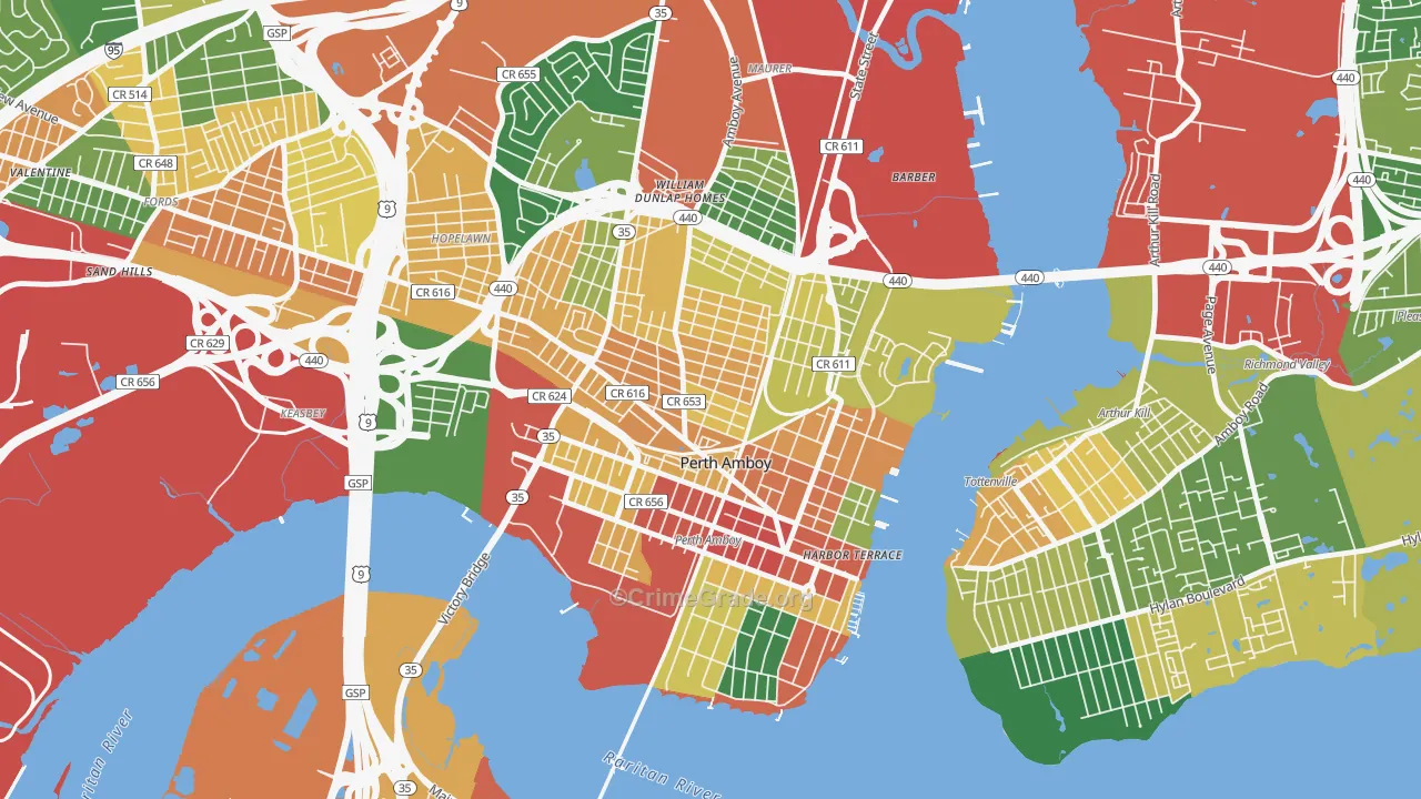 Perth Amboy, NJ Map of Burglary Rates