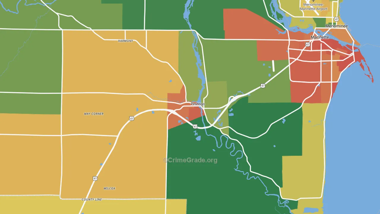 Peshtigo, WI Map of Burglary Rates