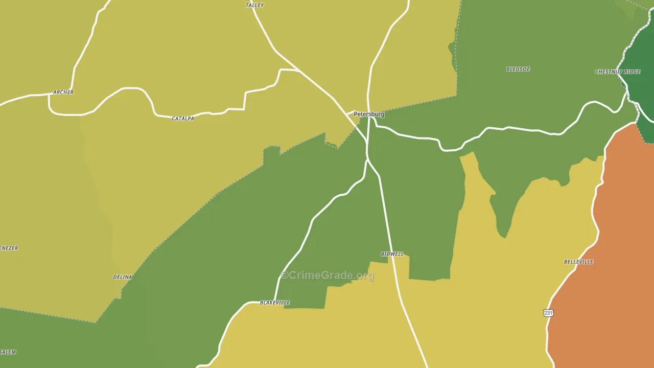 Petersburg, TN Map of Burglary Rates