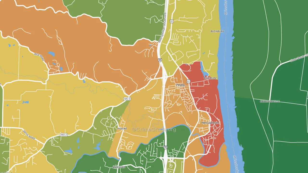 Pevely, MO Map of Burglary Rates
