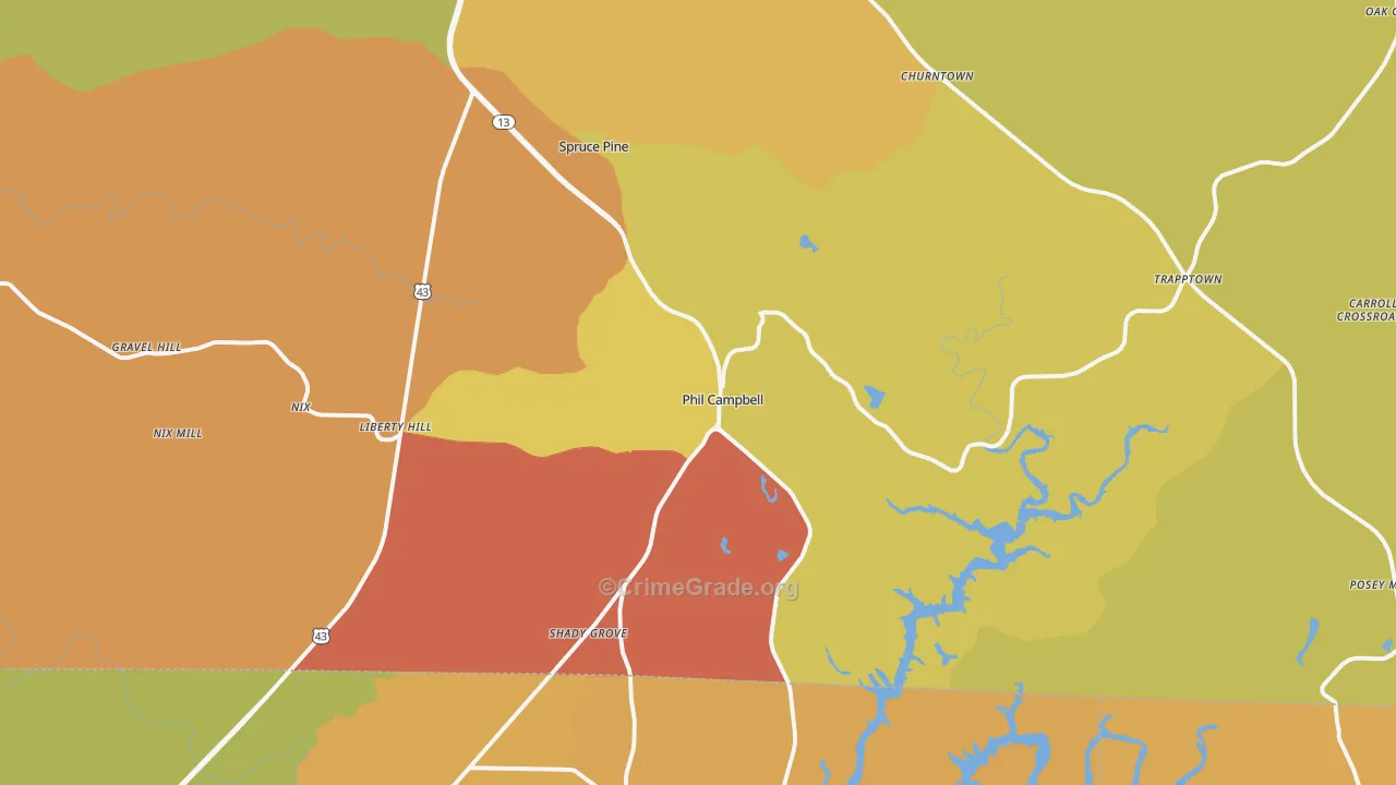 Phil Campbell, AL Map of Burglary Rates
