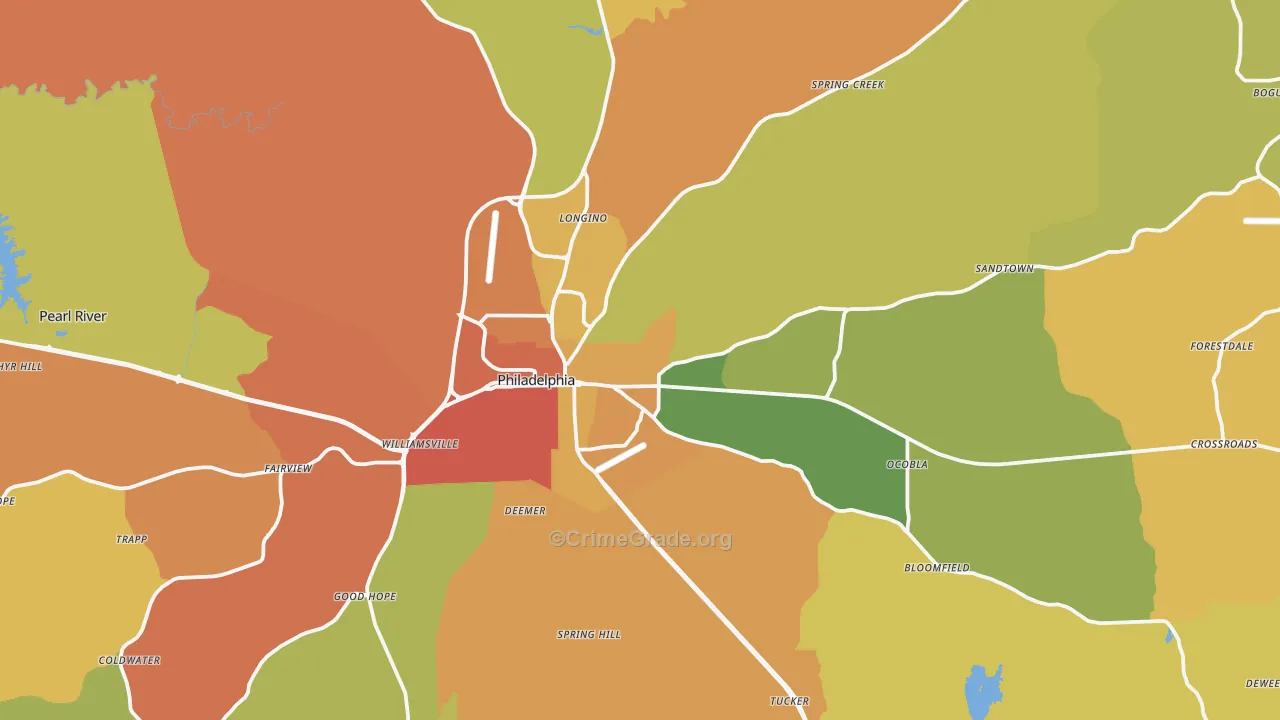 Philadelphia, MS Map of Burglary Rates