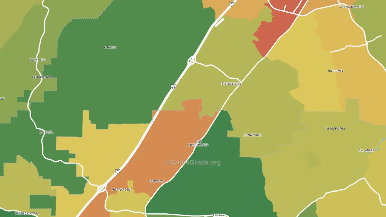 Philadelphia, TN Map of Burglary Rates