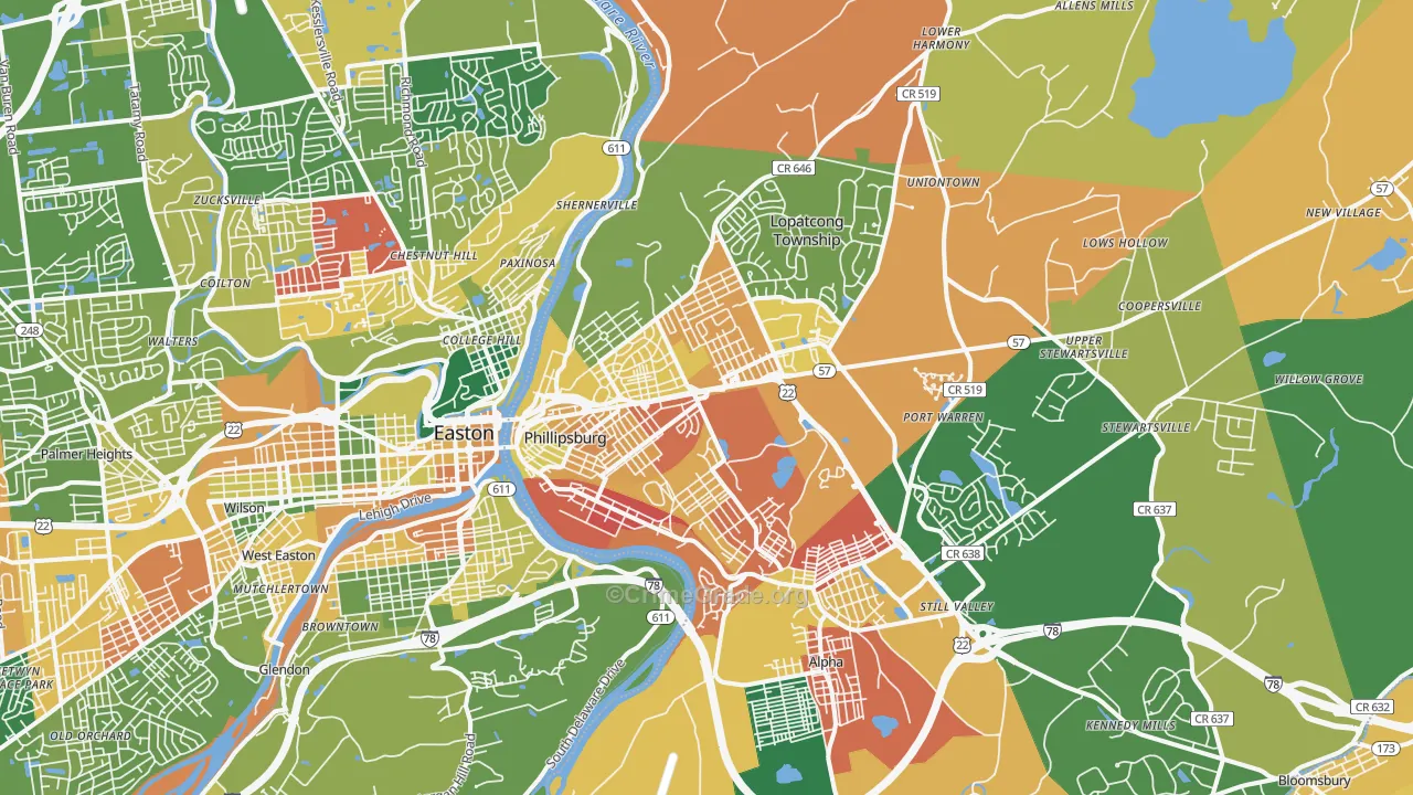 Phillipsburg, NJ Map of Burglary Rates