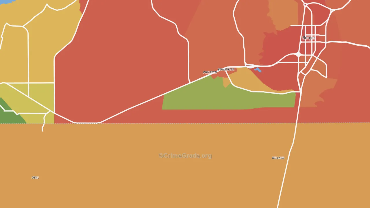 Philrich, TX Map of Burglary Rates