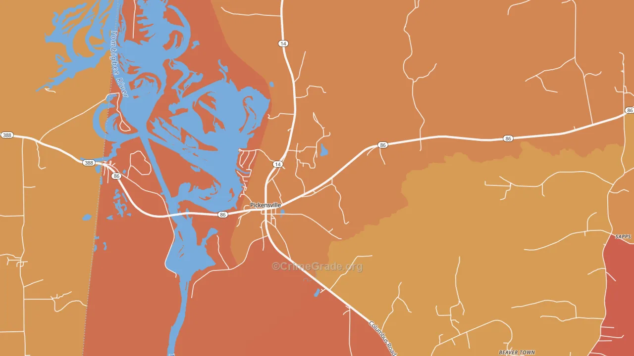Pickensville, AL Map of Burglary Rates
