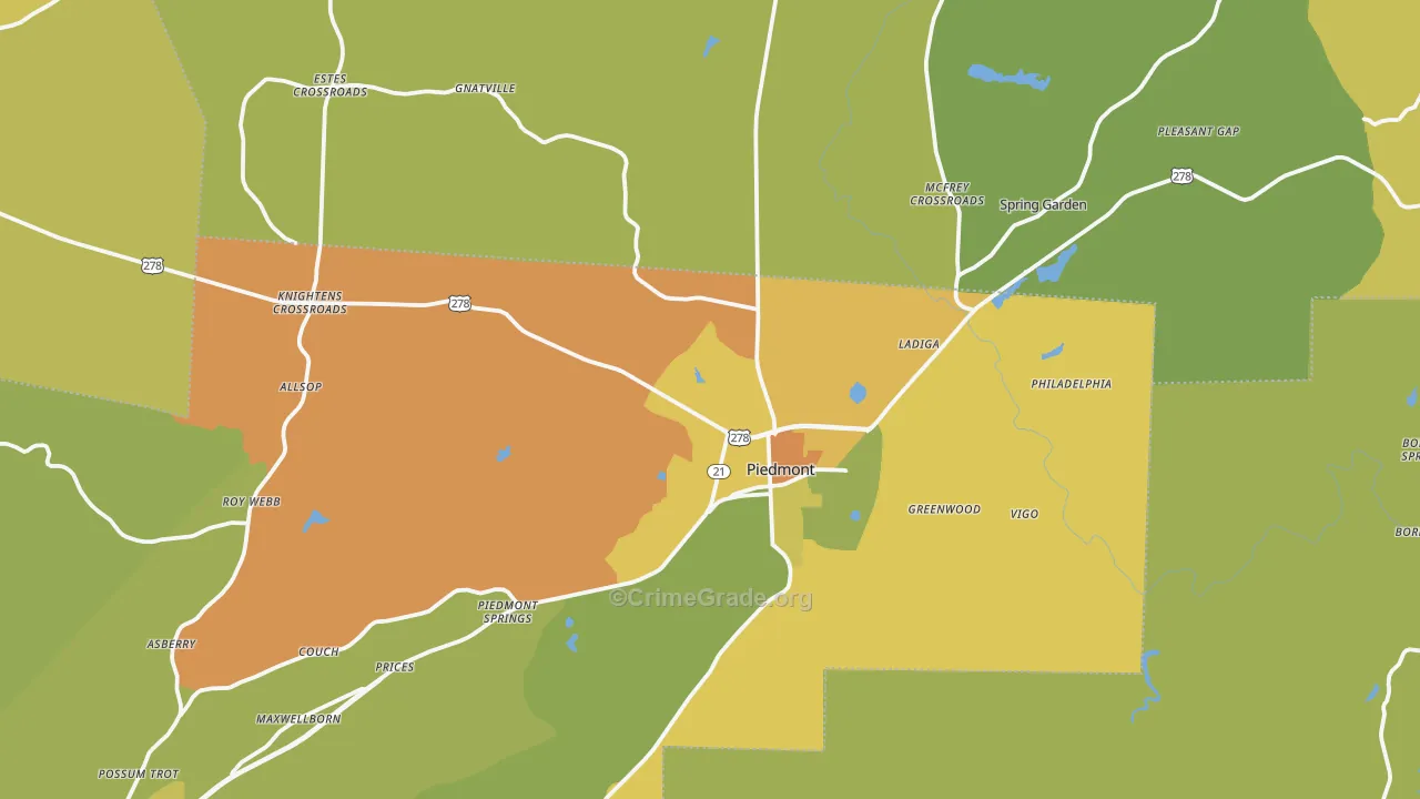 Piedmont, AL Map of Burglary Rates