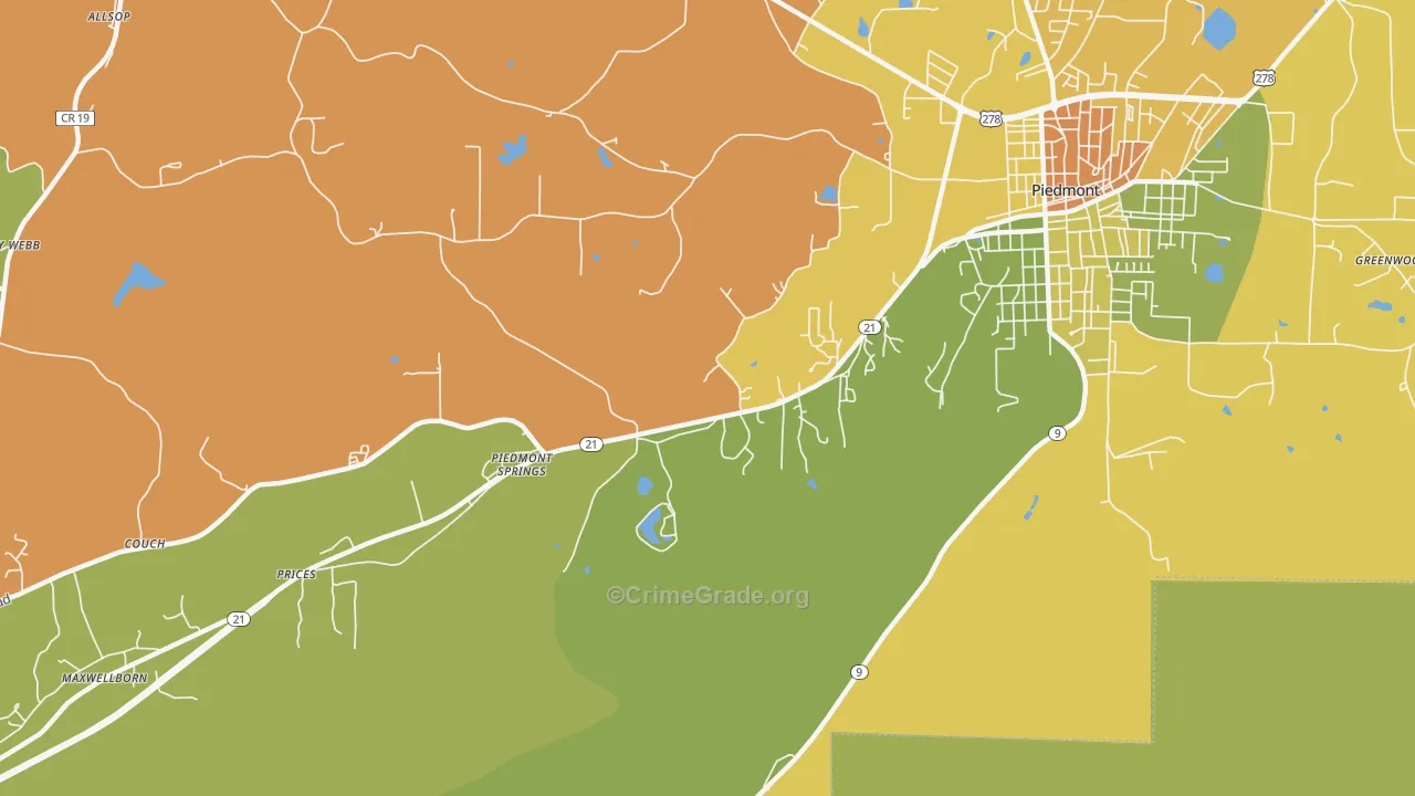 Piedmont Springs, AL Map of Burglary Rates