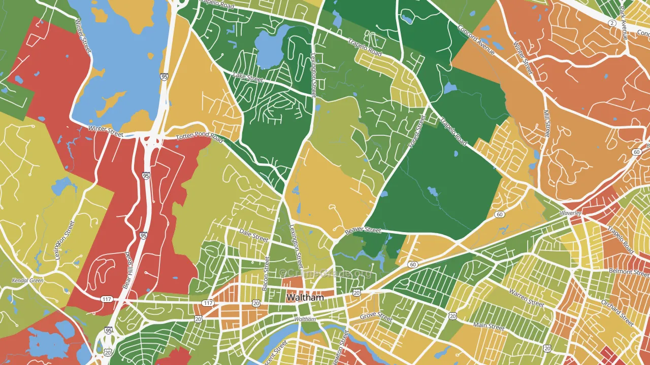 Piety Corner, Waltham, MA Map of Burglary Rates