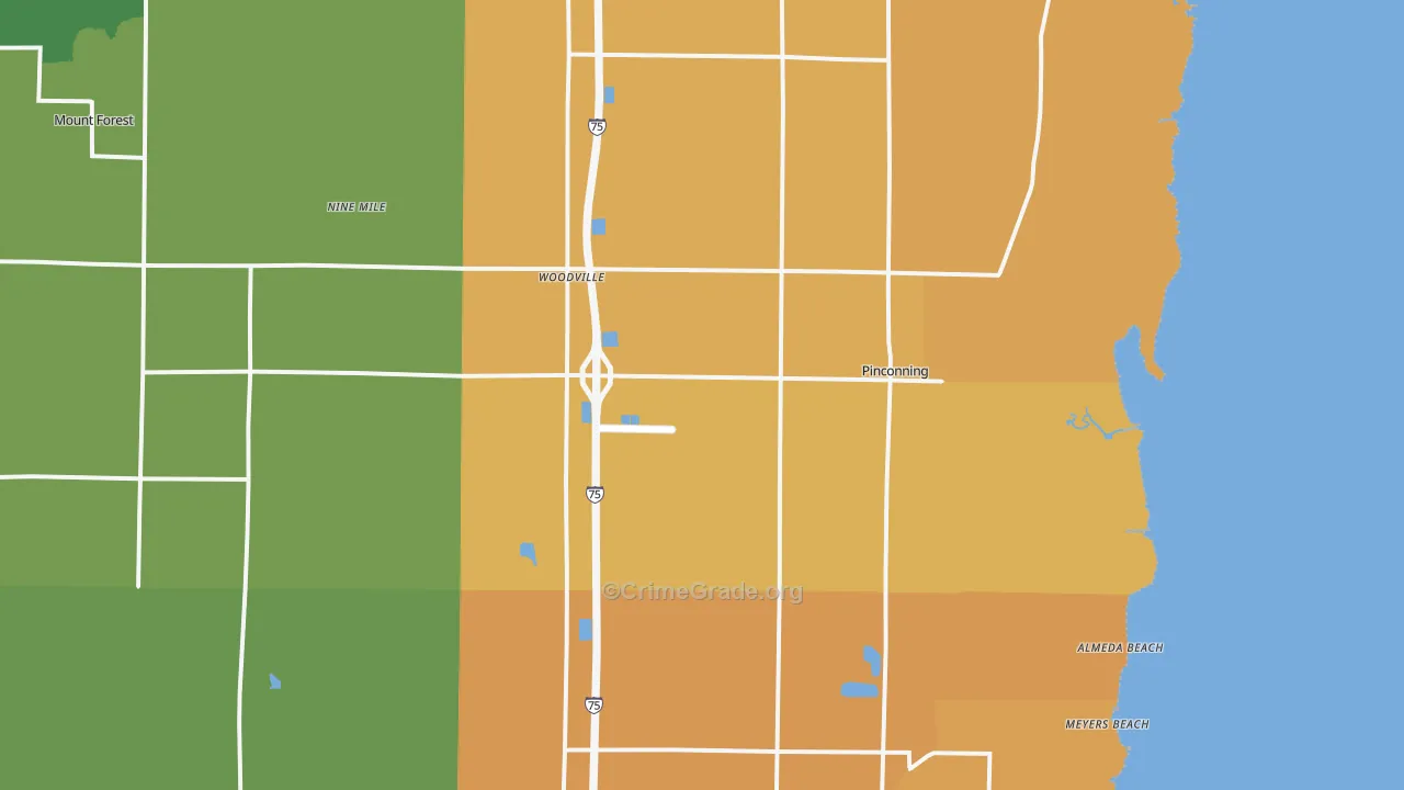 Pinconning, MI Map of Burglary Rates