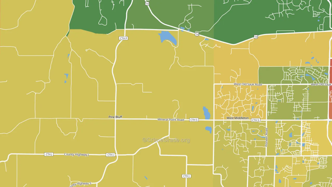 Pine Bluff, WI Map of Burglary Rates