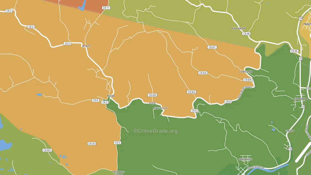 Pine Bluff, WV Map of Burglary Rates