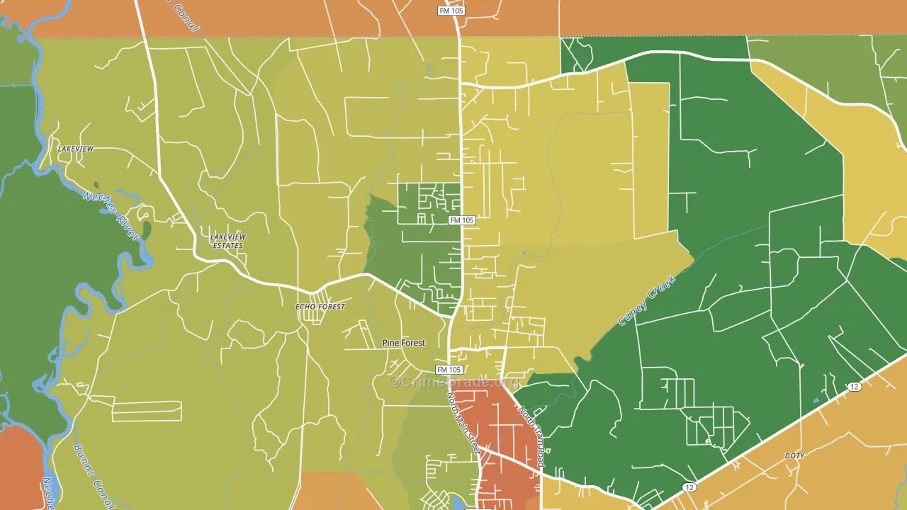 Pine Forest, TX Map of Burglary Rates
