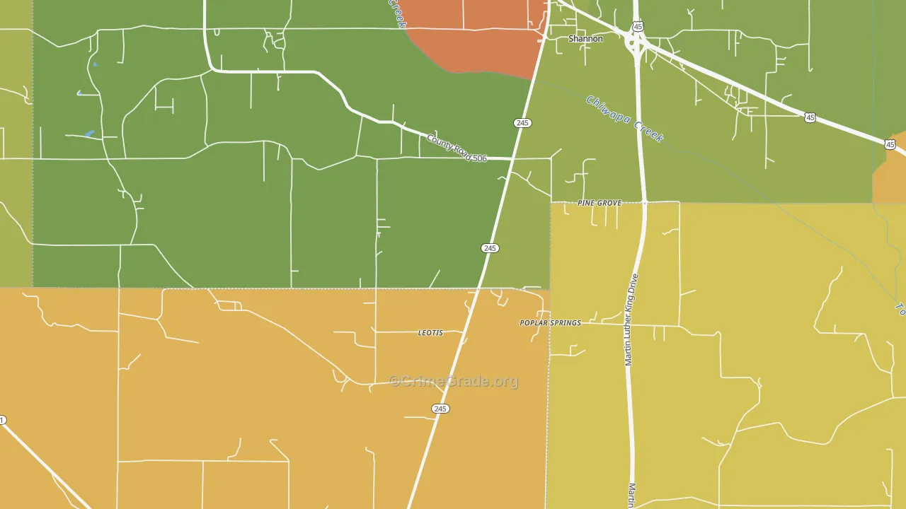 Pine Grove, MS Map of Burglary Rates