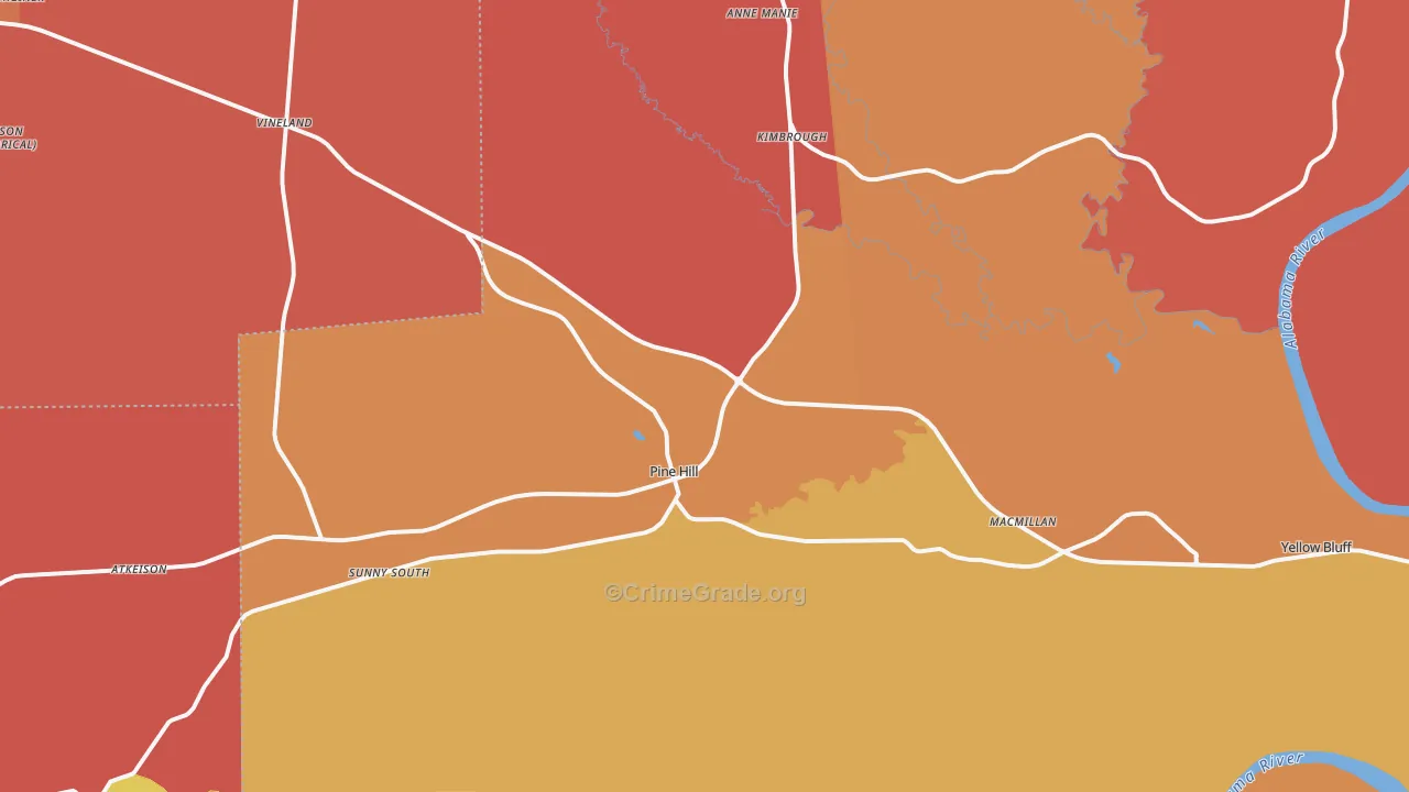 Pine Hill, AL Map of Burglary Rates