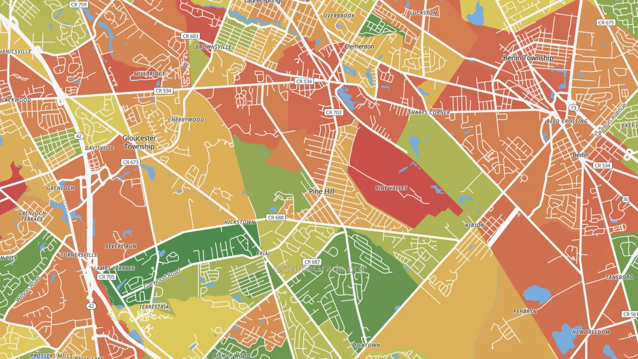 Pine Hill, NJ Map of Burglary Rates