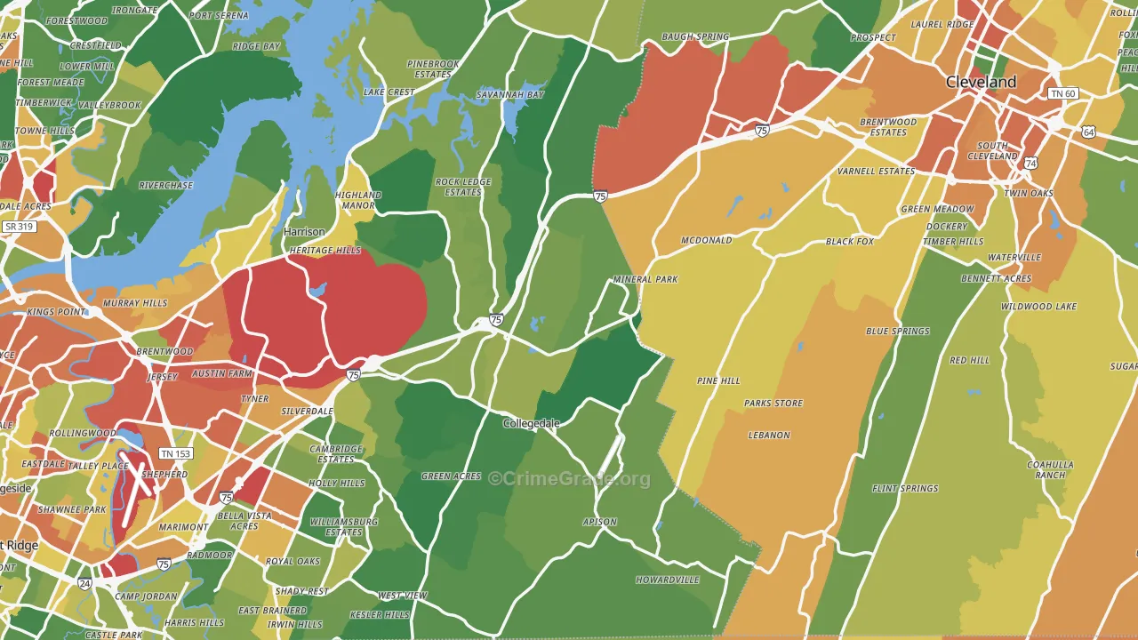 Pine Hill, TN Map of Burglary Rates
