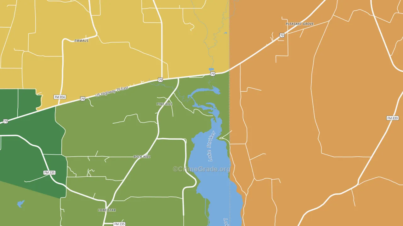 Pine Hill, TX Map of Burglary Rates