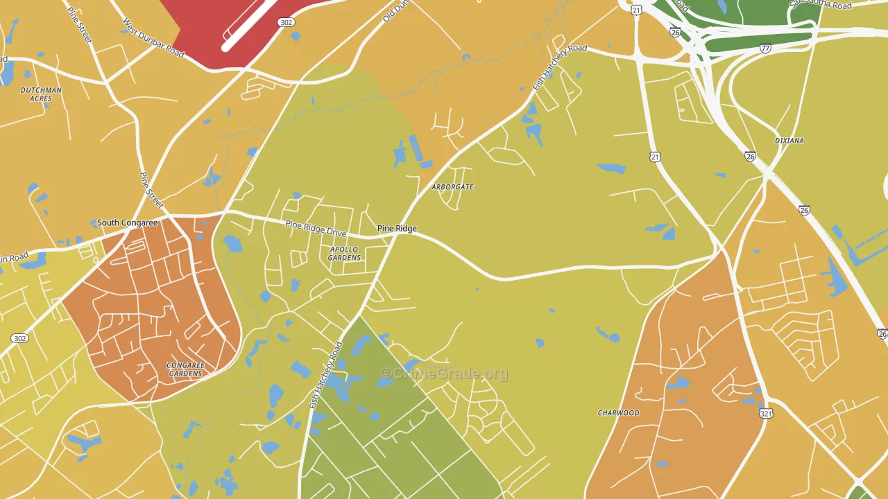 Pine Ridge, SC Map of Burglary Rates