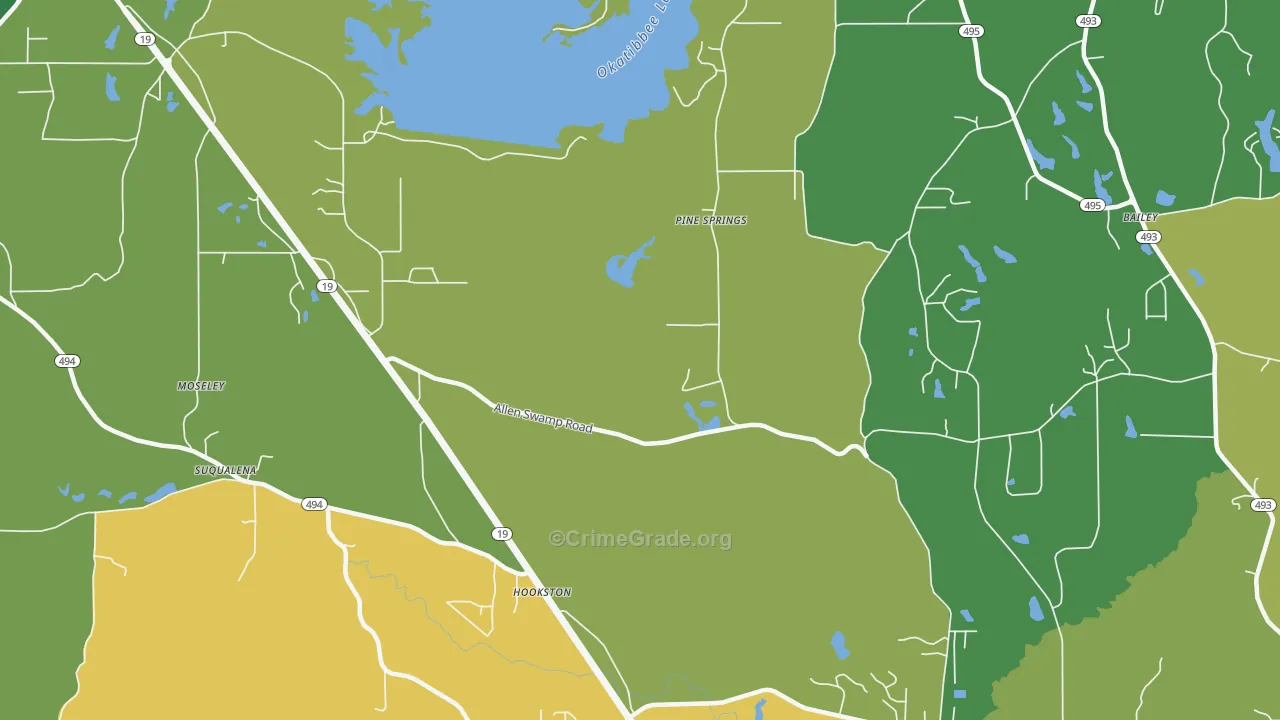 Pine Springs, MS Map of Burglary Rates