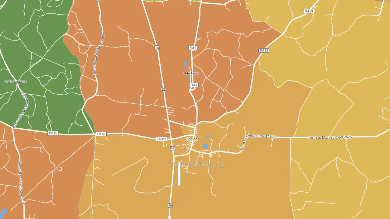 Pineland, TX Map of Burglary Rates