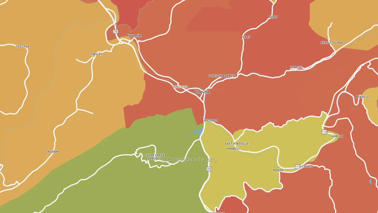 Pineville, KY Map of Burglary Rates