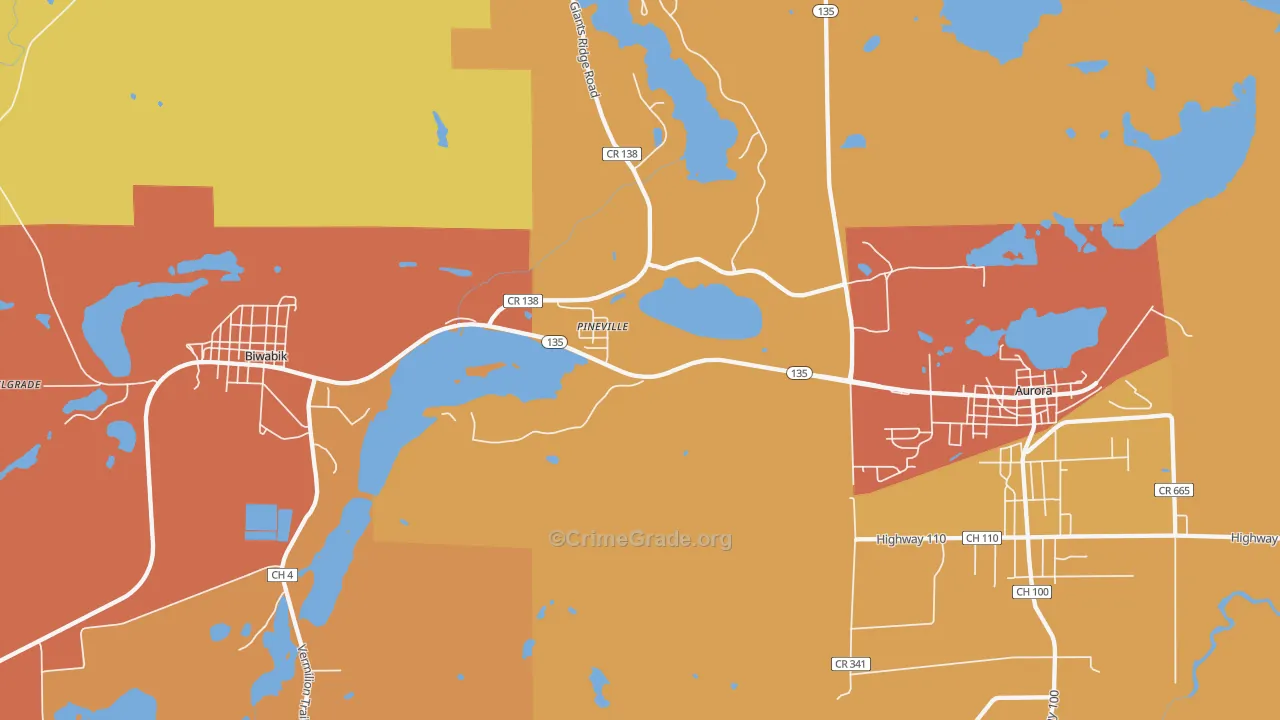 Pineville, MN Map of Burglary Rates