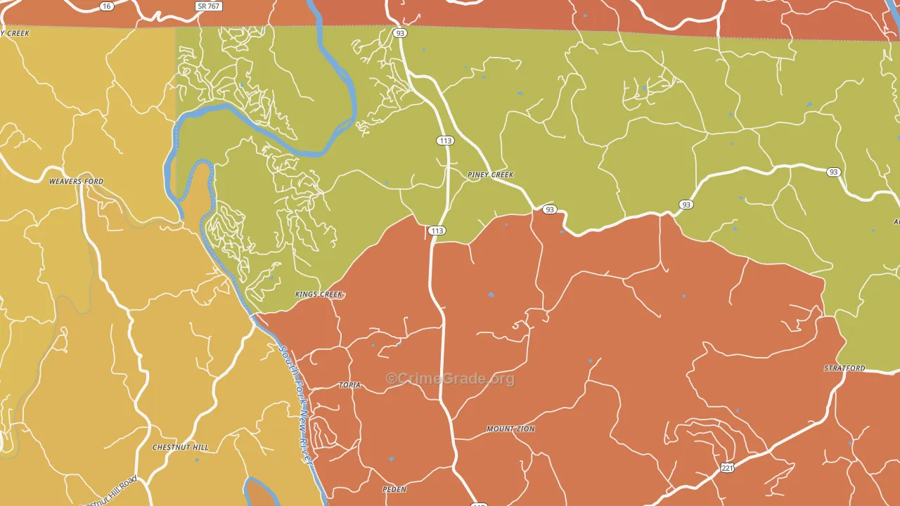 Piney Creek, NC Map of Burglary Rates
