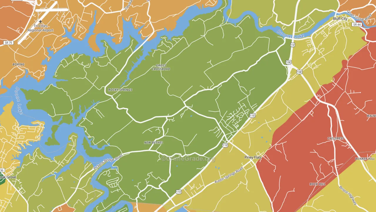 Piney Flats, TN Map of Burglary Rates