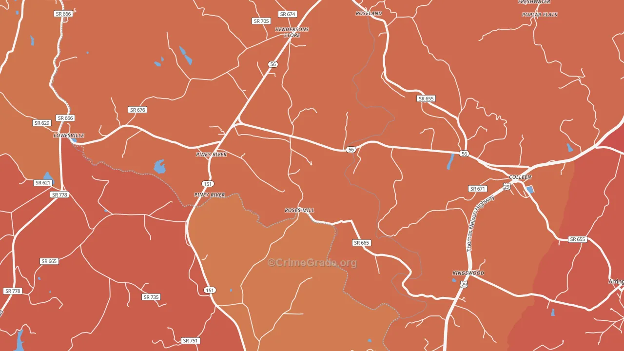 Piney River, VA Map of Burglary Rates
