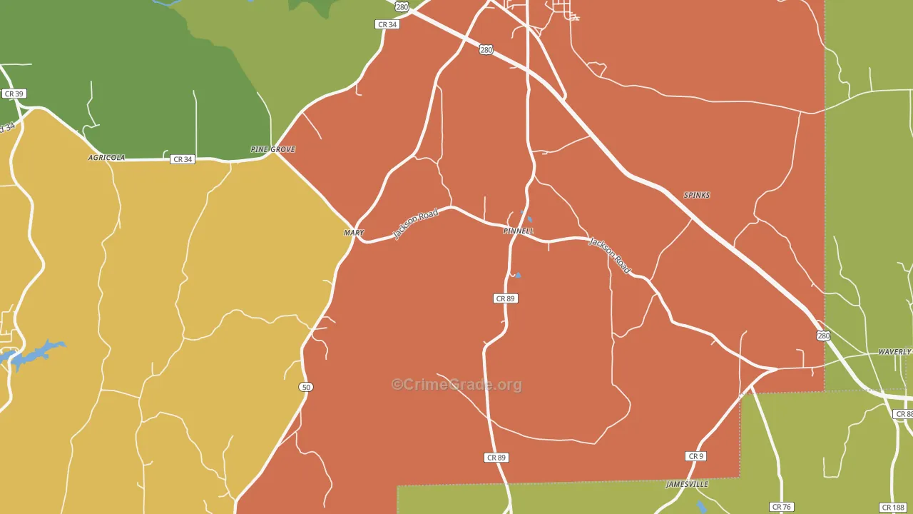 Pinnell, AL Map of Burglary Rates