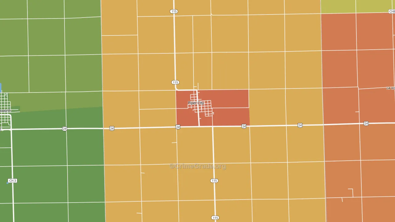 Piper City, IL Map of Burglary Rates