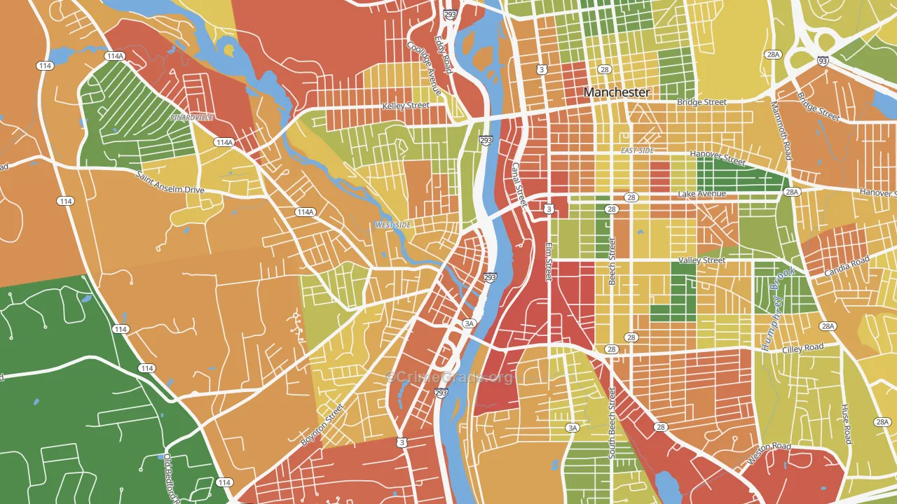 Piscataquog, Manchester, NH Map of Burglary Rates