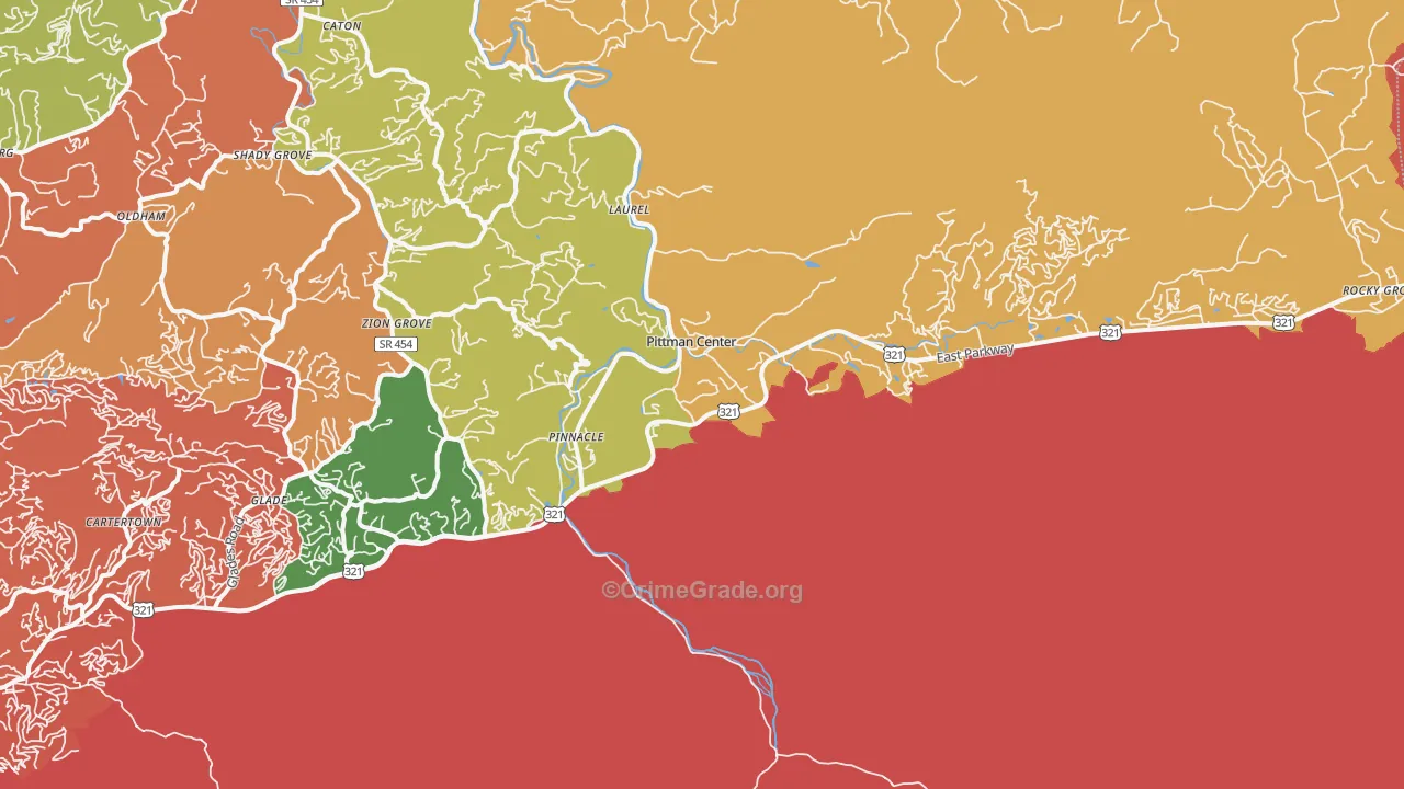 Pittman Center, TN Map of Burglary Rates