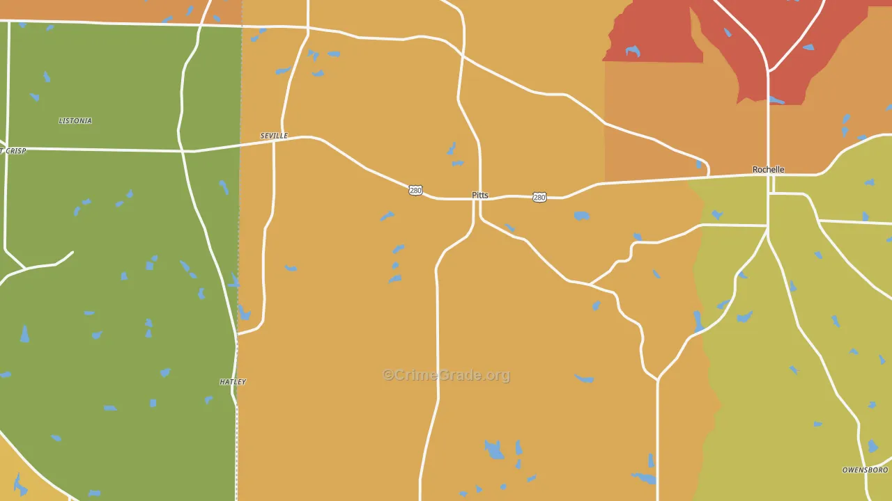 Pitts, GA Map of Burglary Rates