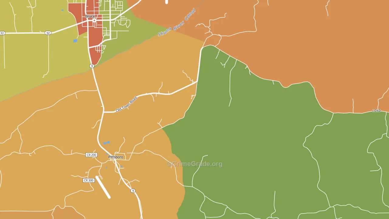 Pittsboro, MS Map of Burglary Rates
