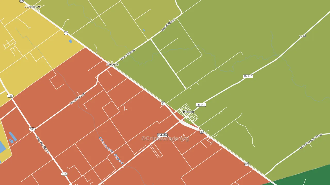 Placedo, TX Map of Burglary Rates
