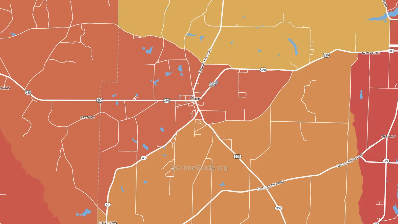 Plains, GA Map of Burglary Rates
